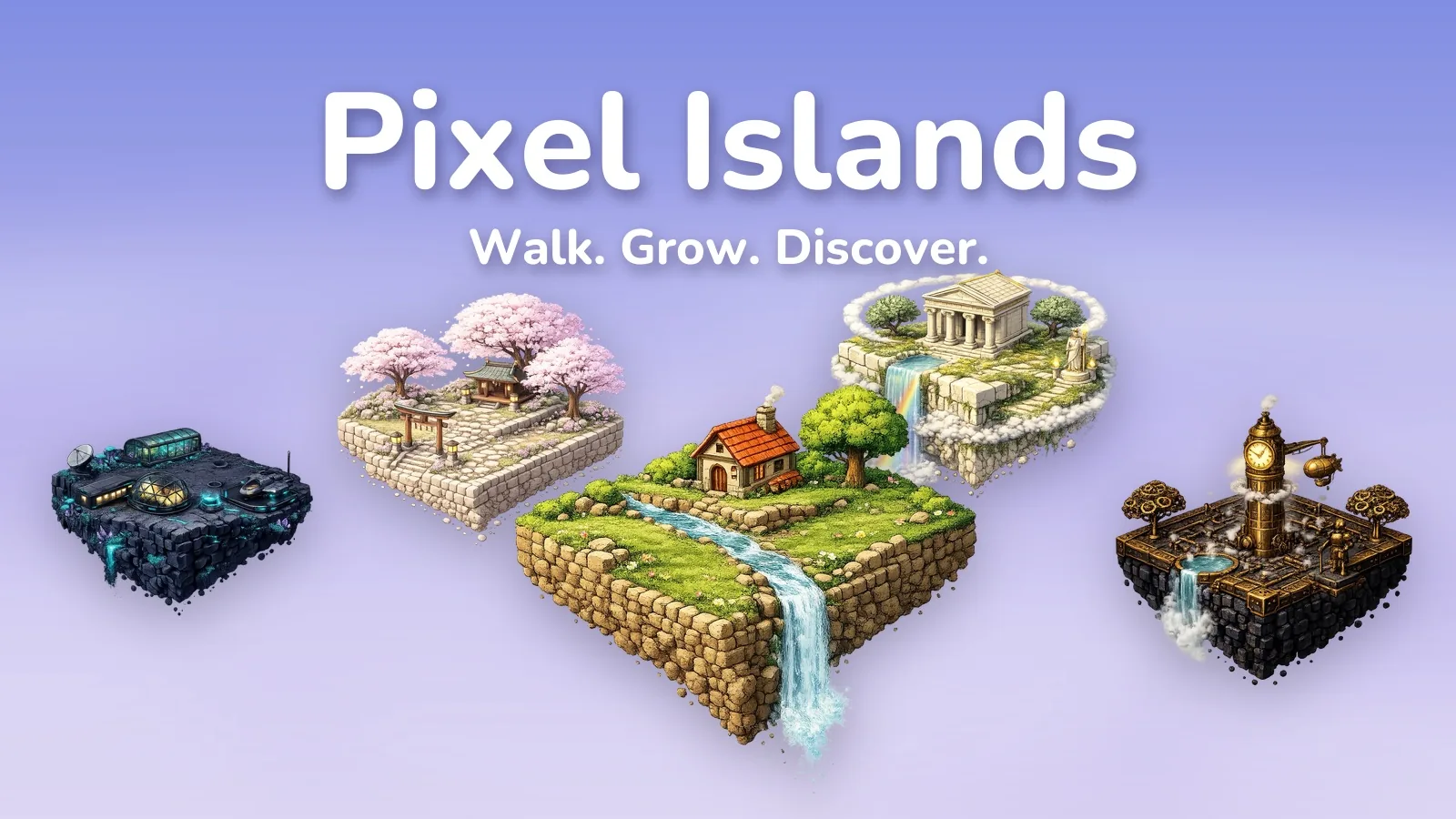 Five floating pixel-art islands from the Pixel Islands walking game: cyberpunk, sakura, meadow, Olympus and steampunk themes
