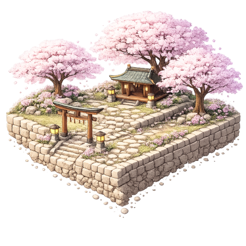 Sakura island theme — pixel-art cherry blossom shrine island