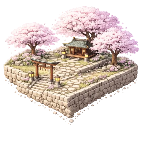 Sakura island theme — pixel-art cherry blossom shrine island