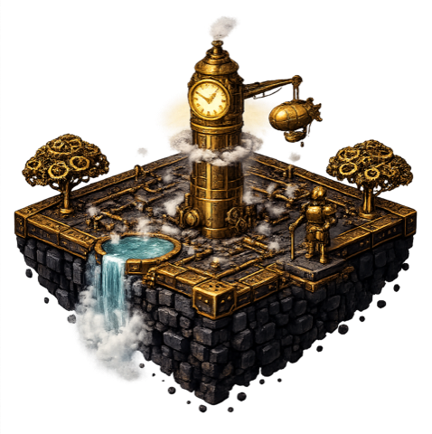 Steampunk island theme — brass and gears pixel-art skyport
