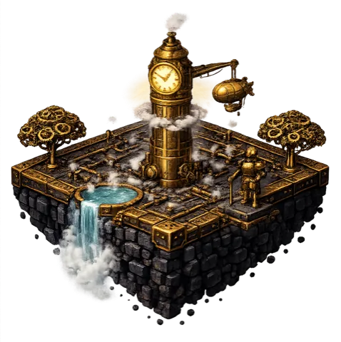 Steampunk island theme — brass and gears pixel-art skyport